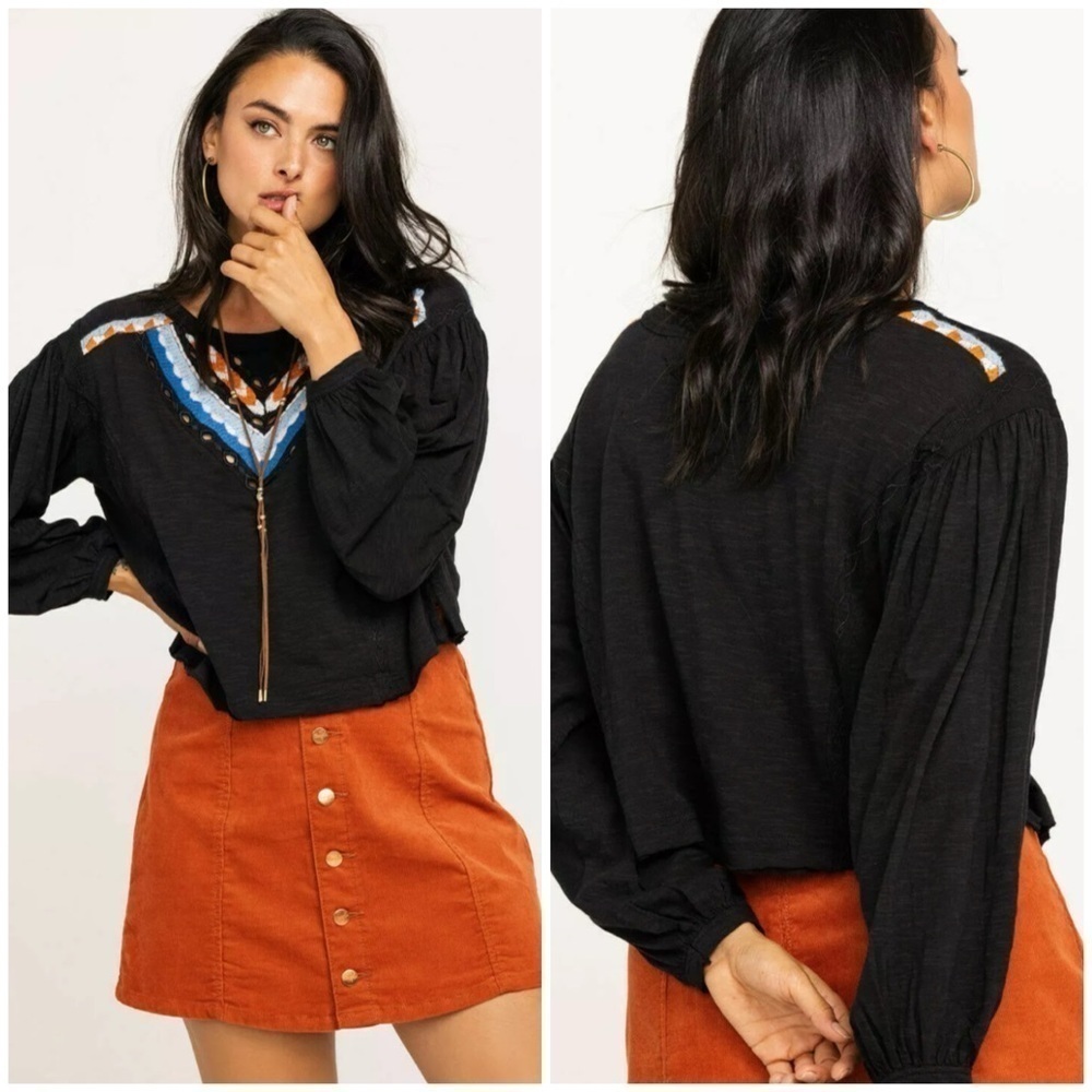 Free People Hand Me Down Embroidered Linen Blouse Cropped Top Black Sz S